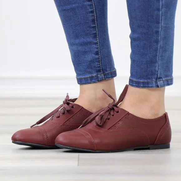 Wine Synthetic Leather Lace up Flat Heel Oxford Style Shoes - Picture 12 of 15